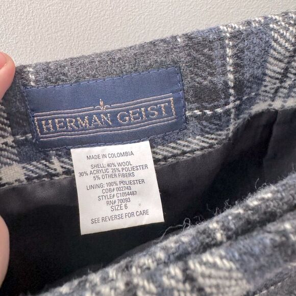 Vintage Herman Geist Navy Grey Ivory Plaid Wrap Skirt w/ Blanket Stitch Hem Sz 6 - Picture 5 of 6